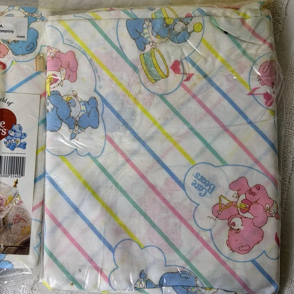VTG 2 Bassinet Fitted Sheet & 1 Pillow Case CARE BEAR Baby Bedding 1980s
